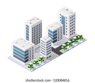 Isometric 3D city three-dimensional winter town quarter. Skyscrapers, apartment, office, houses and streets with urban traffic movement of the car with trees and nature