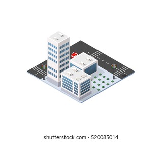Isometric 3D city three-dimensional winter town quarter. Skyscrapers, apartment, office, houses and streets with urban traffic movement of the car with trees and nature
