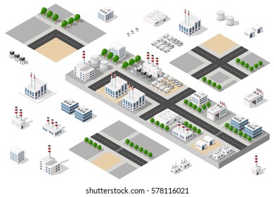 Isometric 3D City Urban Factory Set Which Includes Buildings, Power Plant, Heating Gas, Warehouse, Elevator Exterior. Flat Map Isolated Infographic Element  Kit Industrial Structures