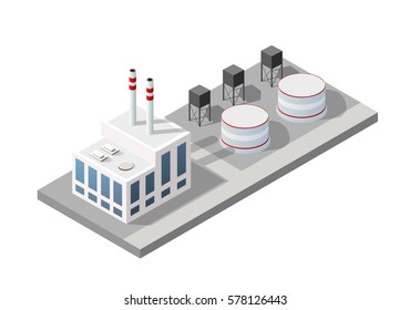 Isometric 3D City Urban Factory Which Includes Buildings, Power Plant, Heating Gas, Warehouse, Elevator Exterior. Flat Map Isolated Infographic Element Set Industrial Structures