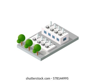 Isometric 3D city urban factory which includes buildings, power plant, heating gas, warehouse, elevator exterior. Flat map isolated infographic element set industrial structures