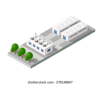 Isometric 3D City Urban Factory Which Includes Buildings, Power Plant, Heating Gas, Warehouse, Elevator Exterior. Flat Map Isolated Infographic Element Set Industrial Structures