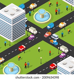 Isometric 3D cityscape view of the top of the house and street trees