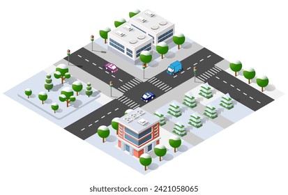Isometric 3D cityscape view of the top of the house and street trees