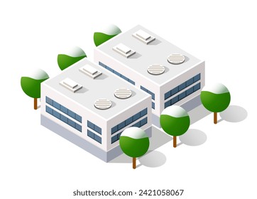 Isometric 3D cityscape view of the top of the house and street trees