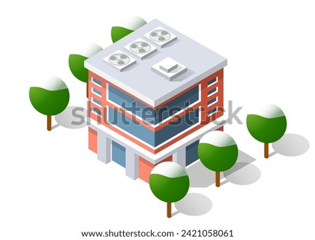 Isometric 3D cityscape view of the top of the house and street trees