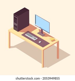 Isometric 3d Clean Computer Desk.a Computer System, Keyboard, Mouse, Mouse Pad, And Book. Suburban Isometric Illustration. Isolated Vector