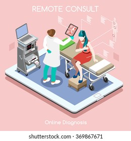 Isometric 3D Clinic Hospital Medical Consult App Online Remote Checkup Infographic Flat 3D Isometric High Tech Device. Healthcare Isometric Medical Consult People Patient Doctor Clinic Hospital Vector