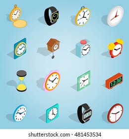 Isometric 3d Clock Icons Set. Illustration Of Clock Icons Vector For Web. Alarm Time Logos On Blue Background