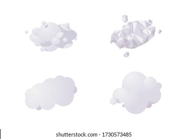 Isometric 3d clouds in various styles. Lowpoly and circle gradient illustration drawn in shades of grey 