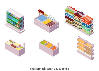 Isometric 3d collection isolated urban element of grocery department. Concept set with fruit, drink, bread, milk, cereal. Low poly. Vector illustration. 