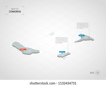 Isometric  3D Comoros map. Stylized vector map illustration with cities, borders, capital Moroni, administrative divisions and pointer marks; gradient background with grid. 