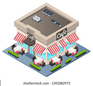 Isometric 3D composition with vector building. Isolated city cafe with tables in the open area, red and white sun canopy, flower beds. 