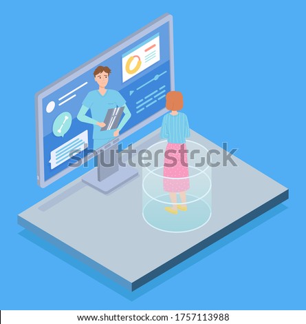 Isometric 3d computer display with medical website. Woman patient consulting with sawbones, surgeon through online medical cabinet. Concept of online virtual medicine at distance, flat style
