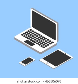 Isometric 3d computer and laptop, tablet pc and smartphone, devi
