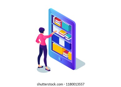 Isometric 3d concept of buying e-book. Woman chooses book in library of smartphone. Vector illustration.