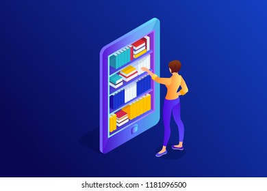 Isometric 3d concept of buying e-book. Woman chooses book in library of smartphone. Vector illustration.