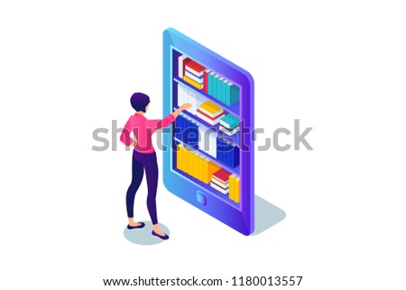 Isometric 3d concept of buying e-book. Woman chooses book in library of smartphone. Vector illustration.
