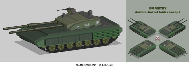Isometric 3D concept of a heavy double-barreled tank in different projections