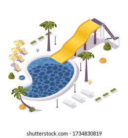Isometric 3d concept illustration of aqua park with pool, loungers, umbrellas ans water slide. Tropical summer scene