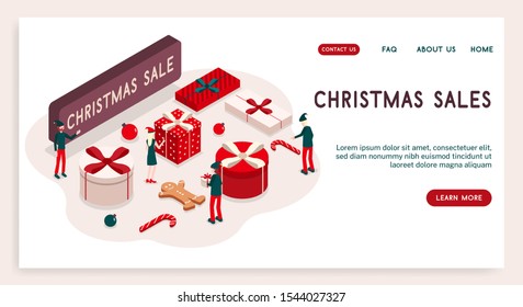 Isometric 3D concept landing page Christmas sale with elf and people illustration. 