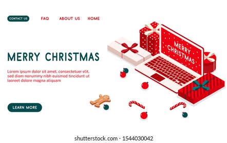 Isometric 3D concept landing page Christmas sale with notebook and presents illustration. 