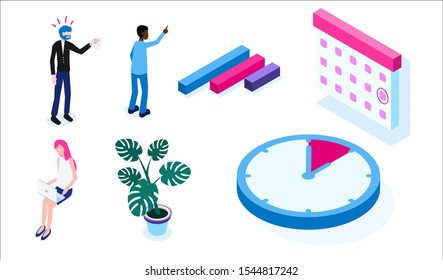 Isometric 3D concept of landing page deadline in the office with employers and workers vectpr illustration