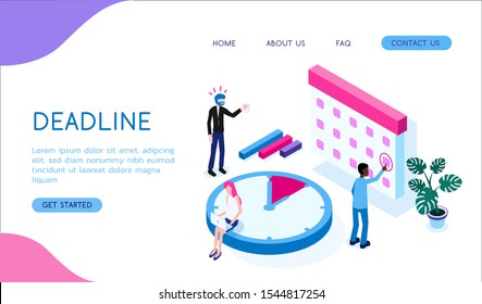 Isometric 3D concept of landing page deadline in the office with employers and workers vectpr illustration