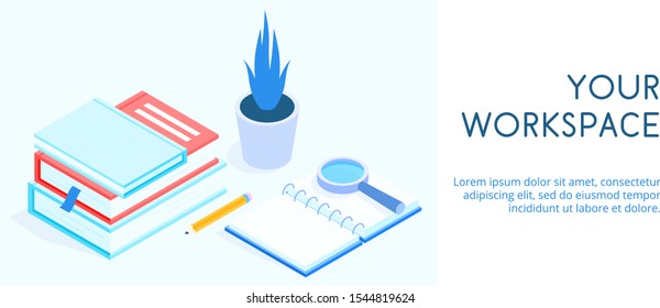 Isometric 3D concept of landing page Workspace with book, note vector illustration. 