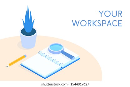 Isometric 3D concept of landing page Workspace with book, note vector illustration. 