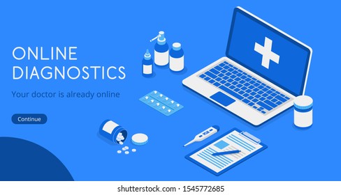 Isometric 3D concept of landing page Online diagnosis of your diseases. Collection of items tablets, medicines, thermometer and tablet vector illustration