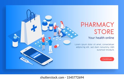 Isometric 3D concept of landing page Online diagnosis of your diseases. Collection of items tablets, medicines, thermometer and tablet vector illustration