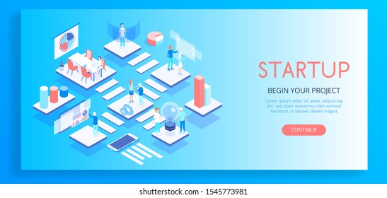 Isometric 3D concept of landing page start up with teamwork and work process vector illustration