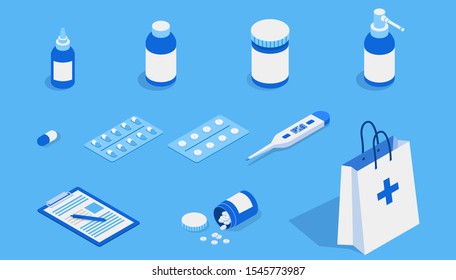 Isometric 3D concept of landing page Online diagnosis of your diseases. Collection of items tablets, medicines, thermometer and tablet vector illustration