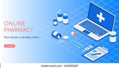 Isometric 3D concept of landing page Online diagnosis of your diseases. Collection of items tablets, medicines, thermometer and tablet vector illustration