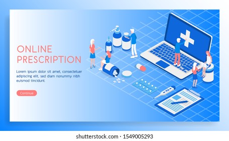 Isometric 3D concept of landing page Online diagnosis of your diseases. Collection of items tablets, medicines, thermometer and tablet vector illustration
