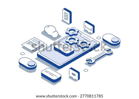 Isometric 3D concept of mobile application development and system settings featuring gears, code icons, and UI tools on a smartphone.