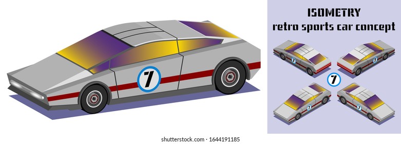 Isometric 3D concept of a retro sports car in different projections EPS10