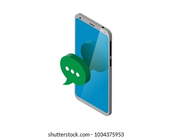 Isometric 3D concept with smartphone and incoming messages. New mail, sms, e-mail notification sign reflected on screen. Vector illustration
