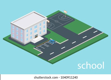 Isometric 3D concept vector illustration school with basketball field
