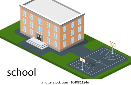 Isometric 3D concept vector illustration school with basketball field