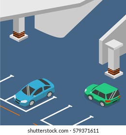 Isometric 3D concept vector illustration front and rear of the car in the underground parking. Urban transport.
