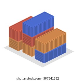 Isometric 3D concept vector illustration cargo containers for delivery. Set of object