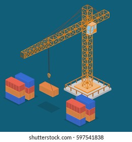 Isometric 3D concept vector illustration crane lifts cargo containers for delivery