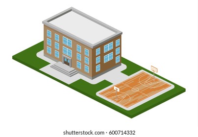 Isometric 3D concept vector illustration school building with basketball field. College of higher education