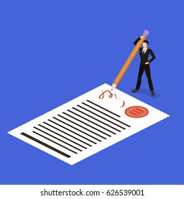 Isometric 3D concept vector illustration the concept of signing a contract with a pencil. The director enters into an agreement