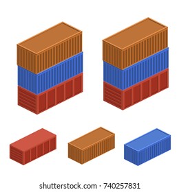 Isometric 3D concept vector illustration cargo containers for delivery. Set of object