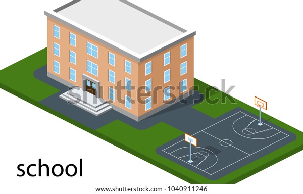 Isometric 3D concept vector illustration school\
with basketball\
field