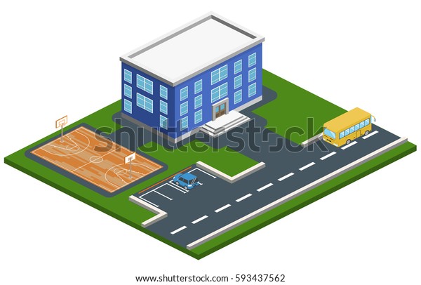Isometric 3D concept vector\
illustration school with basketball field. The car parked in front\
of the building. School bus goes past college of higher\
education