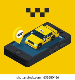 Isometric 3D concept vector online taxi, transportation of passengers in the taxi